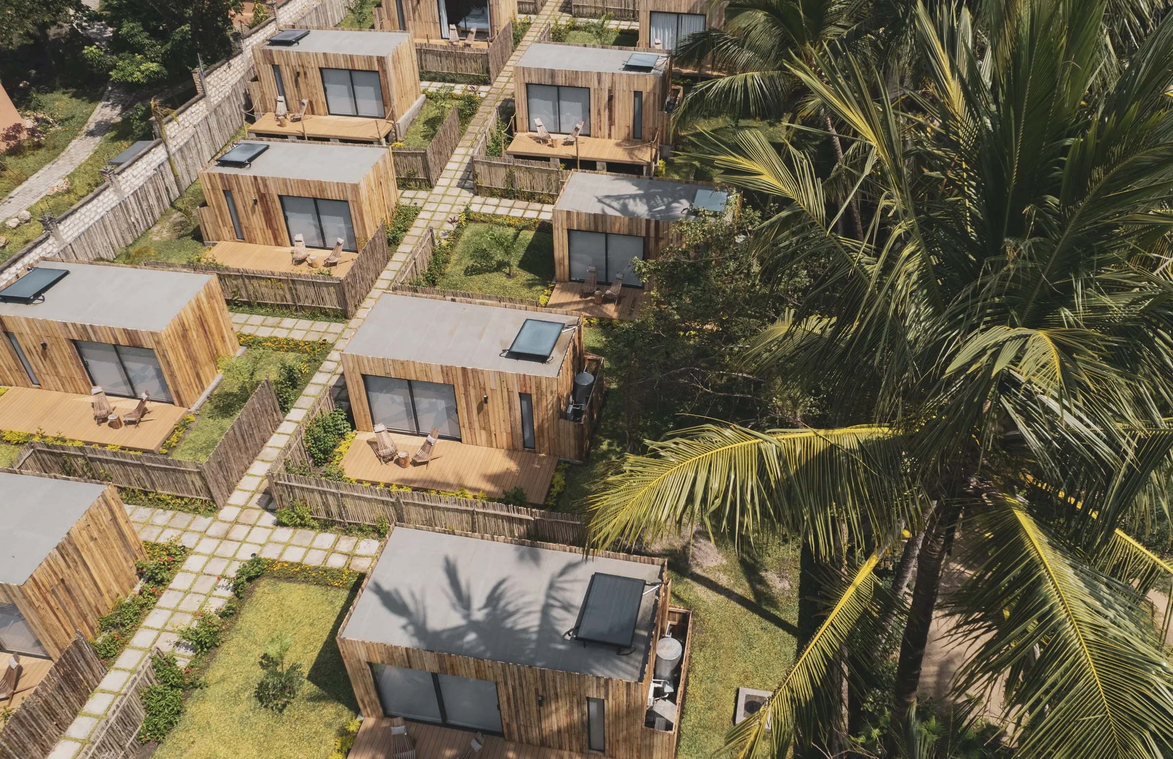 The LalaGalu cabins from above, among the palms